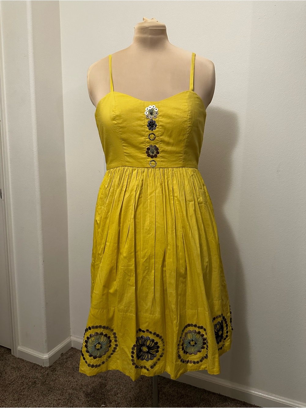 Anthropologie Girls From Savoy Yellow Embroidered Cotton Midi Dress Size 4